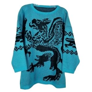 Vintage Griffin Sweater One Size Acrylic Graphic Animal Print Blue Marc Chemtob